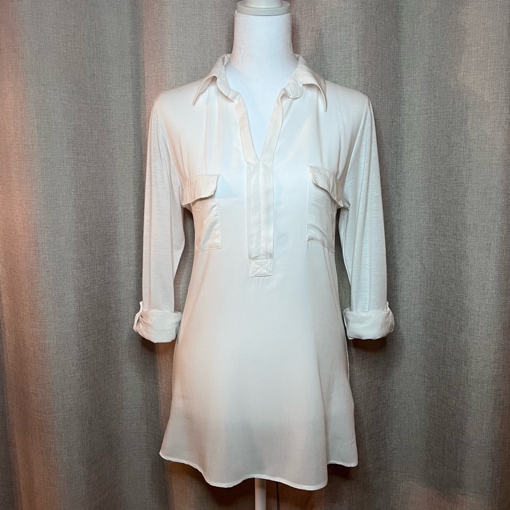 Poof White V-Neck Roll Tab Sleeve Tunic Blouse Collared Pullover Women’s Sz. M